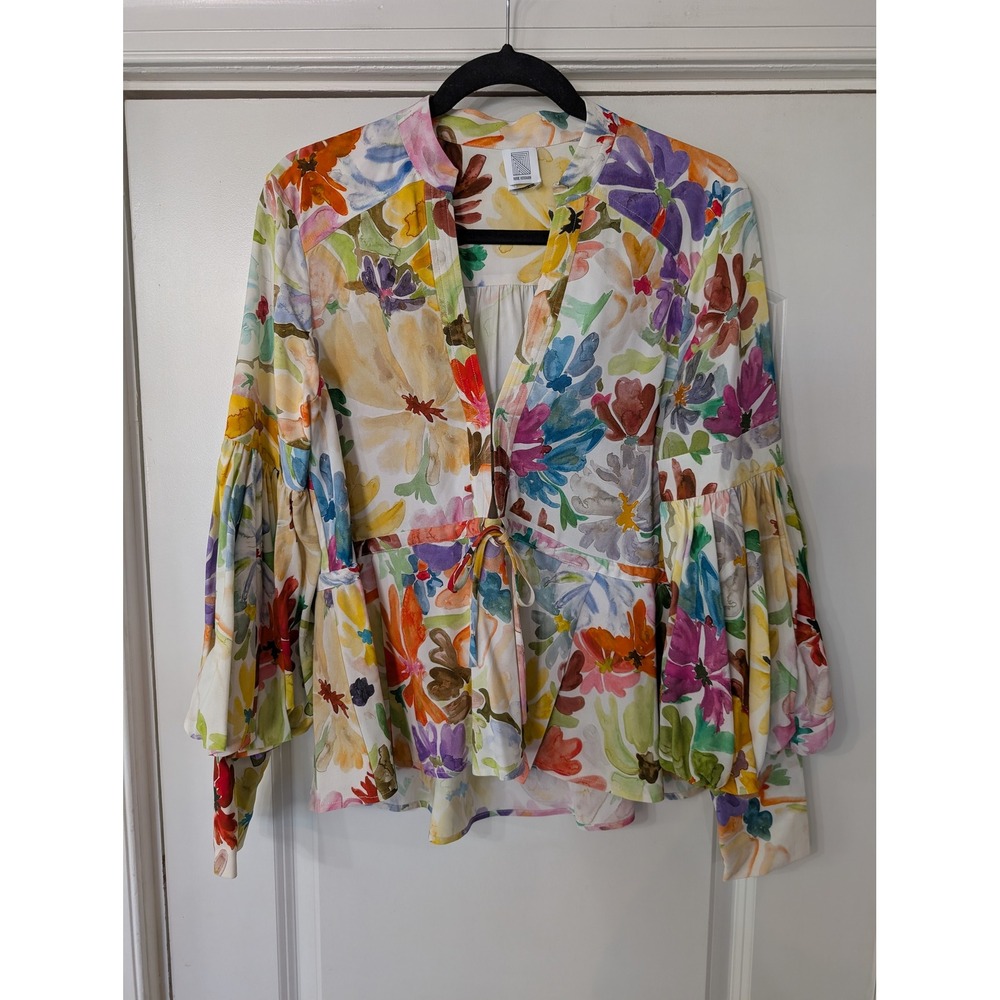 Rosie Assoulin Watercolor Floral Balloon Sleeve Peplum Blouse Top size 2 artsy